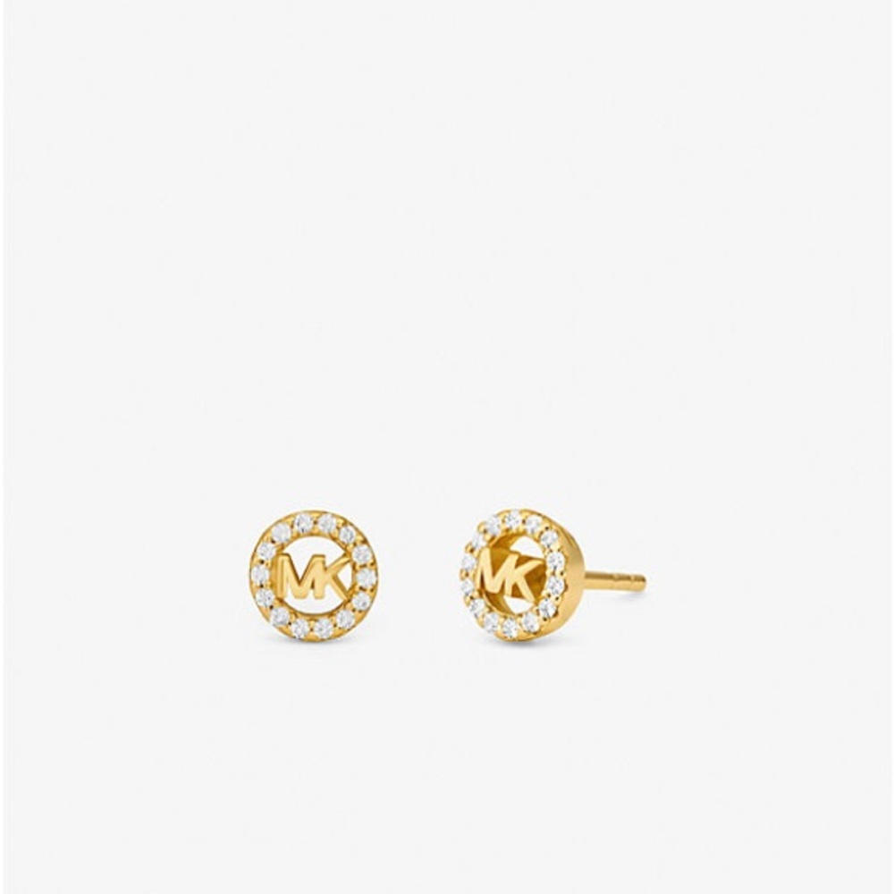 Michael Kors - Fulton Precious-Metal Plated Gold Pavé Logo Charm Earring Stud